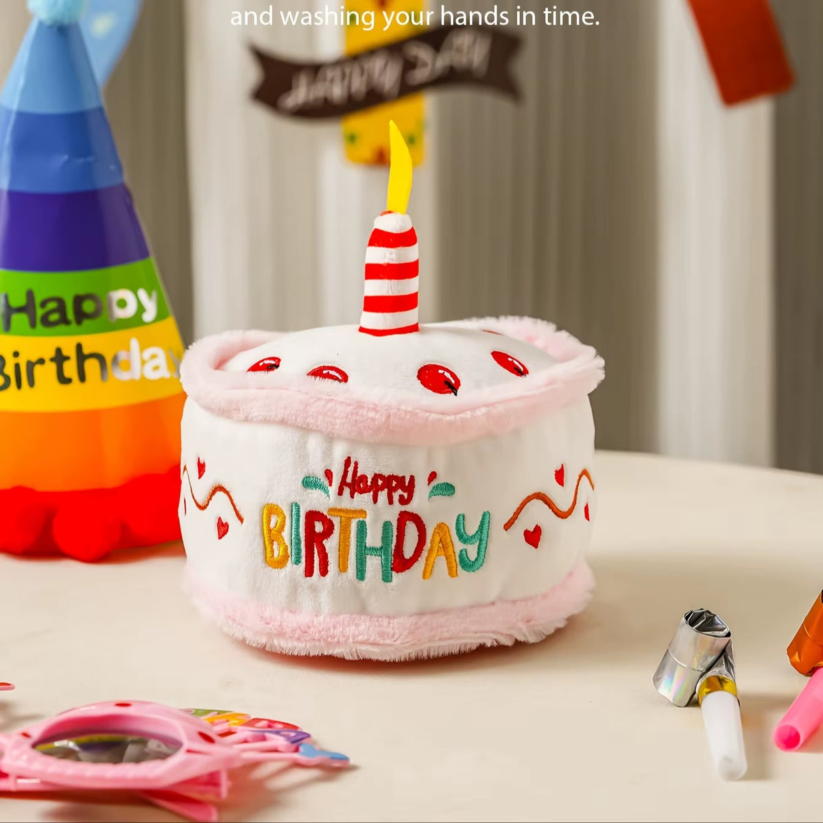Interactive & Durable 1 Plush Pink Birthday Cake Squeaky Toy for Pets，With "HAPPY BIRTHDAY" Embroidery, Crinkle Paper
