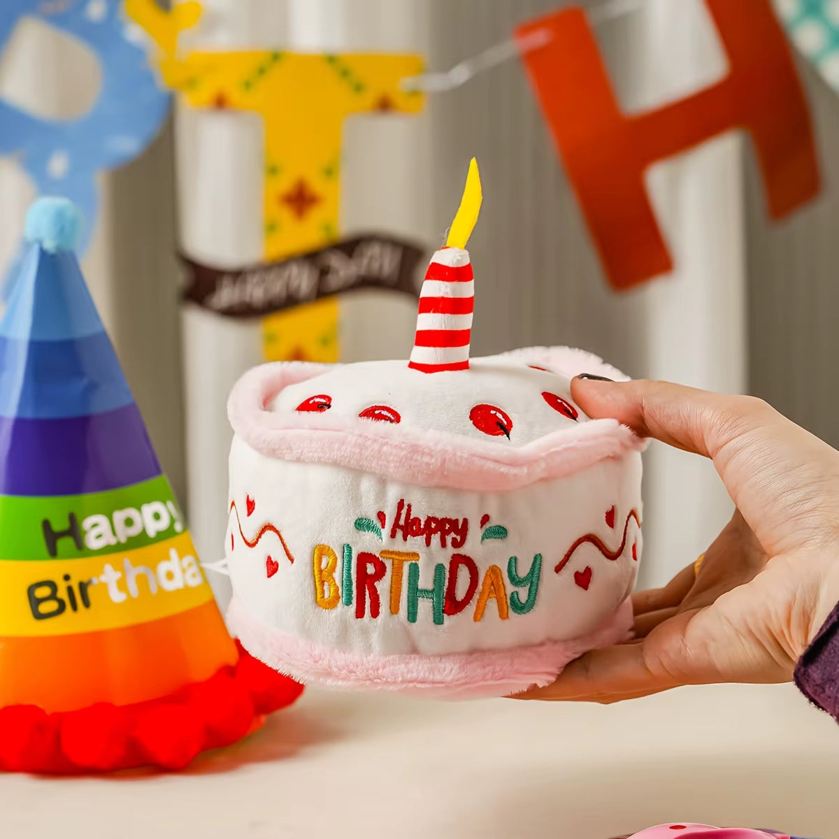 Interactive & Durable 1 Plush Pink Birthday Cake Squeaky Toy for Pets，With "HAPPY BIRTHDAY" Embroidery, Crinkle Paper