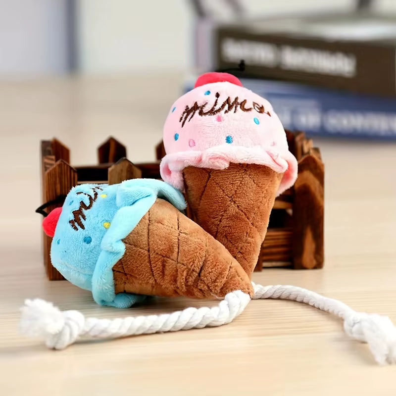 Cute Ice Cream Shape Toy Puppy Dog Plush Squeaky Toy for Small Medium Dogs for Chewers Pet Cat Products Puppy Accessories