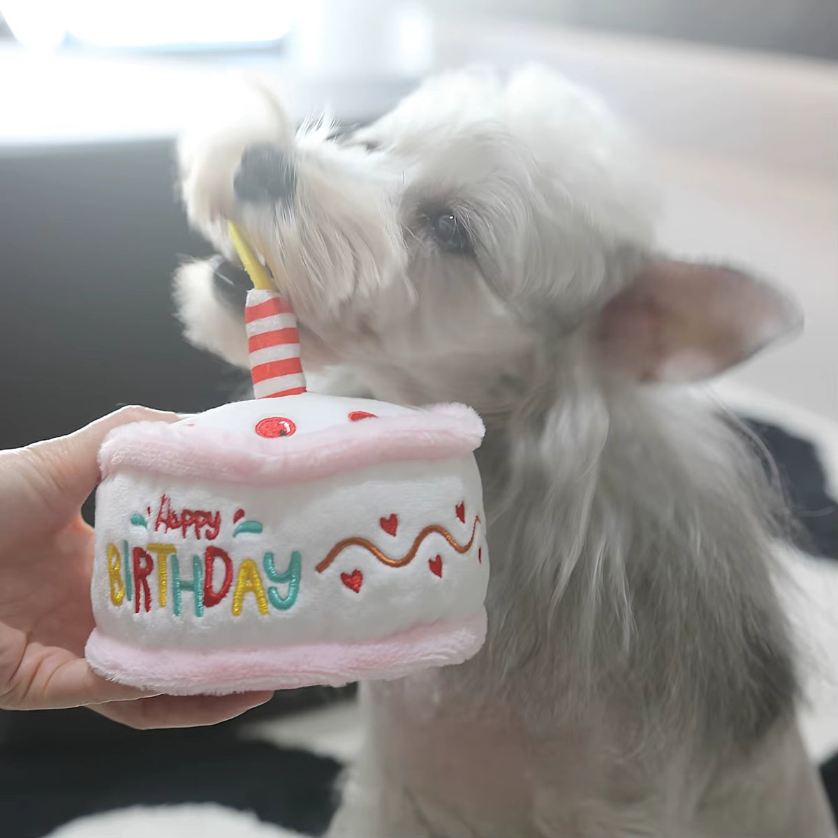 Interactive & Durable 1 Plush Pink Birthday Cake Squeaky Toy for Pets，With "HAPPY BIRTHDAY" Embroidery, Crinkle Paper
