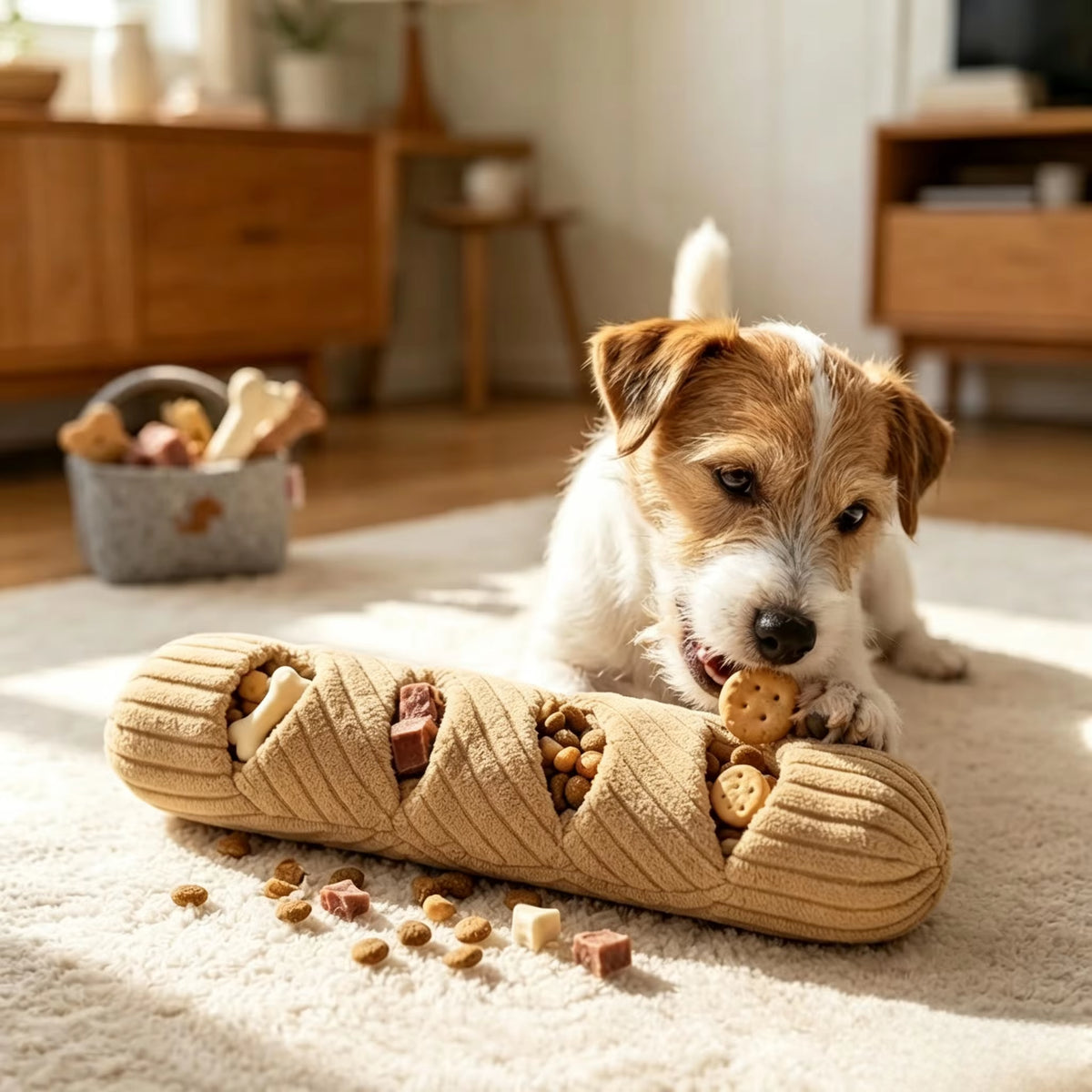 Baguette Shape Dog Snuffle Toy Squeaky Plush Puzzle Treat Dispenser IQ Foraging Enrichment Reduce Boredom for Small Medium Dogs
