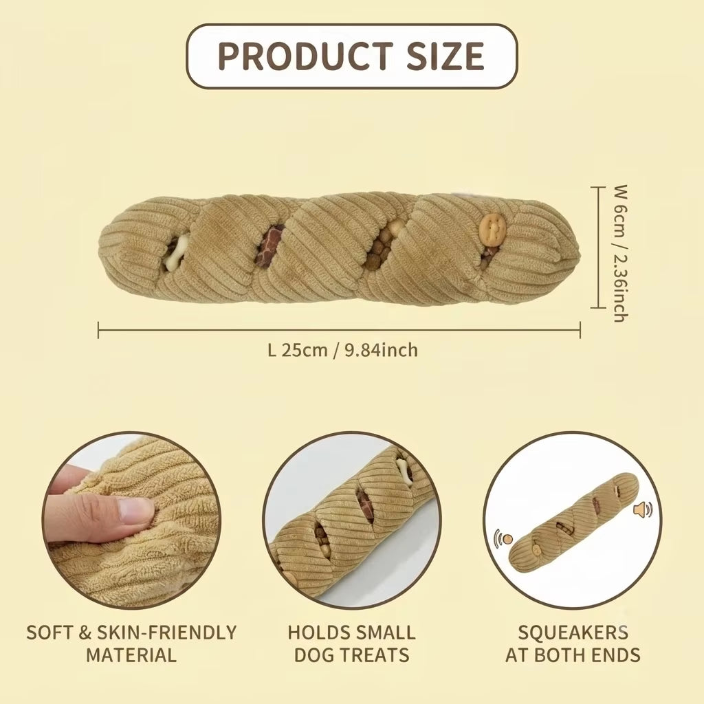 Baguette Shape Dog Snuffle Toy Squeaky Plush Puzzle Treat Dispenser IQ Foraging Enrichment Reduce Boredom for Small Medium Dogs