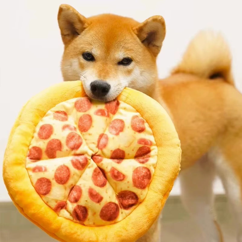 Plush Pizza Shaped Dog Toy Interactive Chew Toy with Squeaky Sound Teeth Cleaning Toy for Small to Large Dogs