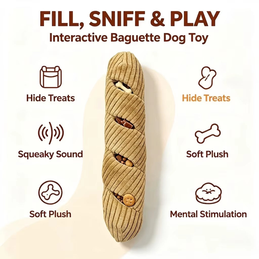 Baguette Shape Dog Snuffle Toy Squeaky Plush Puzzle Treat Dispenser IQ Foraging Enrichment Reduce Boredom for Small Medium Dogs