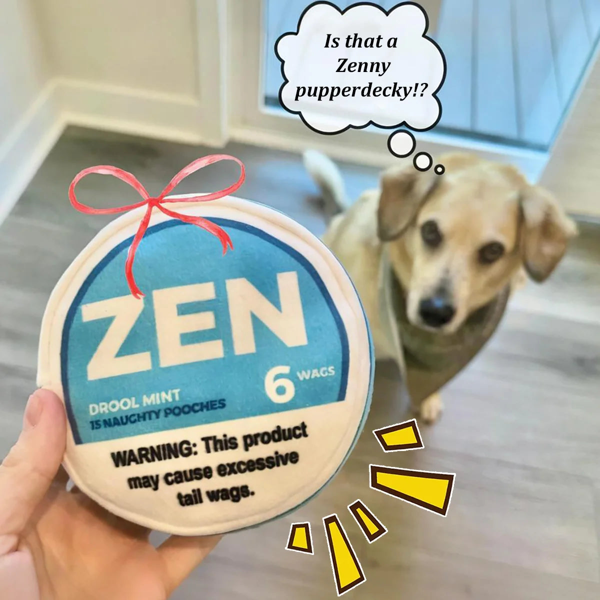 Zen Pupper Deckies Parody Dog Toy - Plush Squeaky and Crinkle Funny Dog Toy - Drool Mint