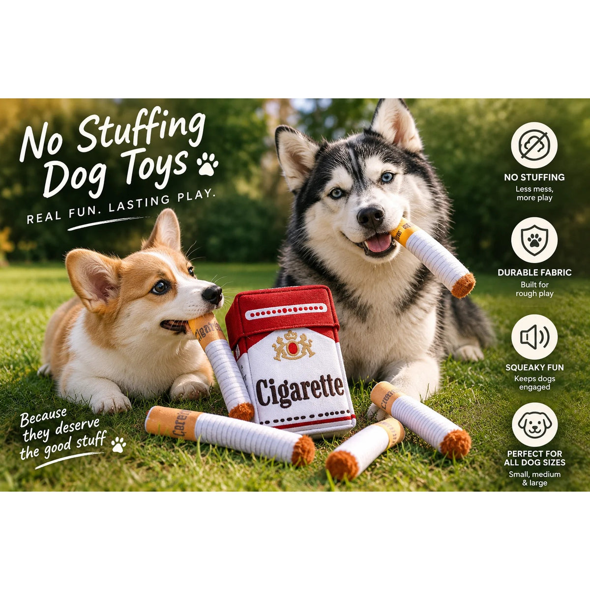 Dogs playing with no-stuffing plush toys