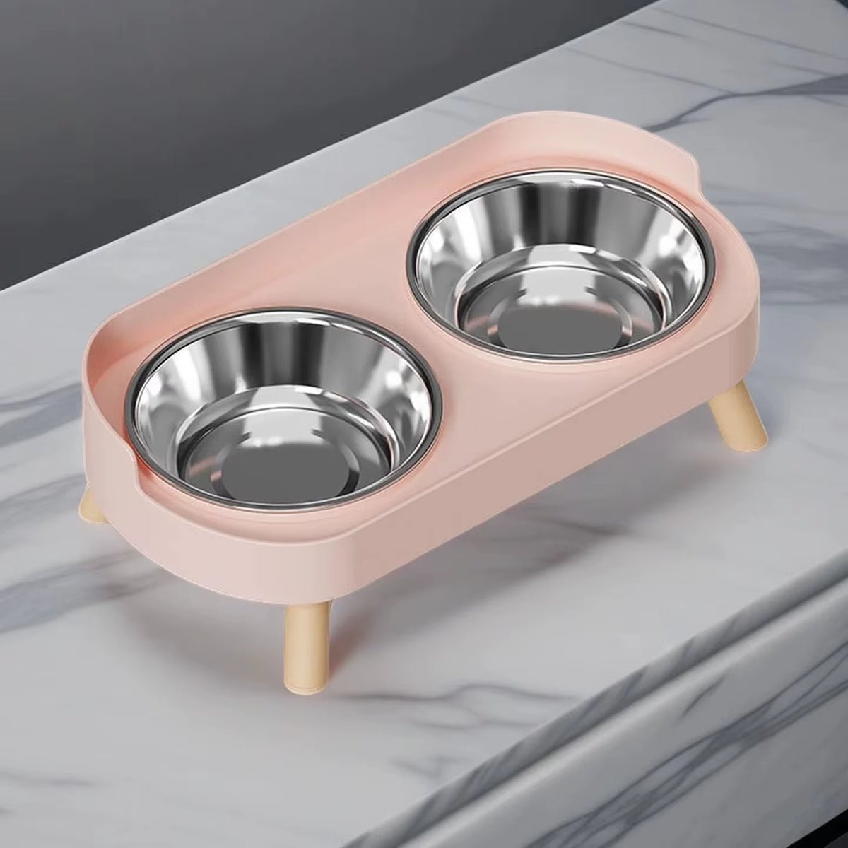 Fashion Pet Food and Water Station Dual Stainless Steel Bowls with Neck Support for Cats and Dogs