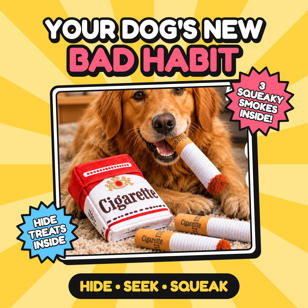 Funny cigarette pack dog toy set with 3 squeaky plush smokes