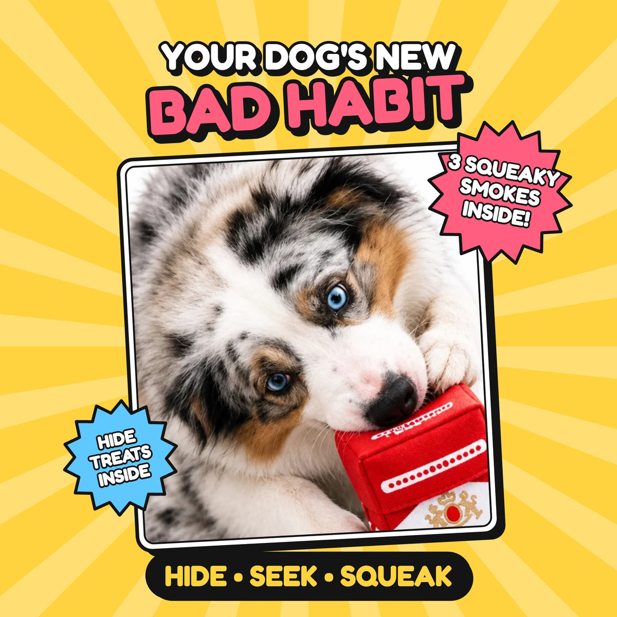Funny cigarette pack dog toy - your dog's new bad habit, 3 squeaky smokes inside