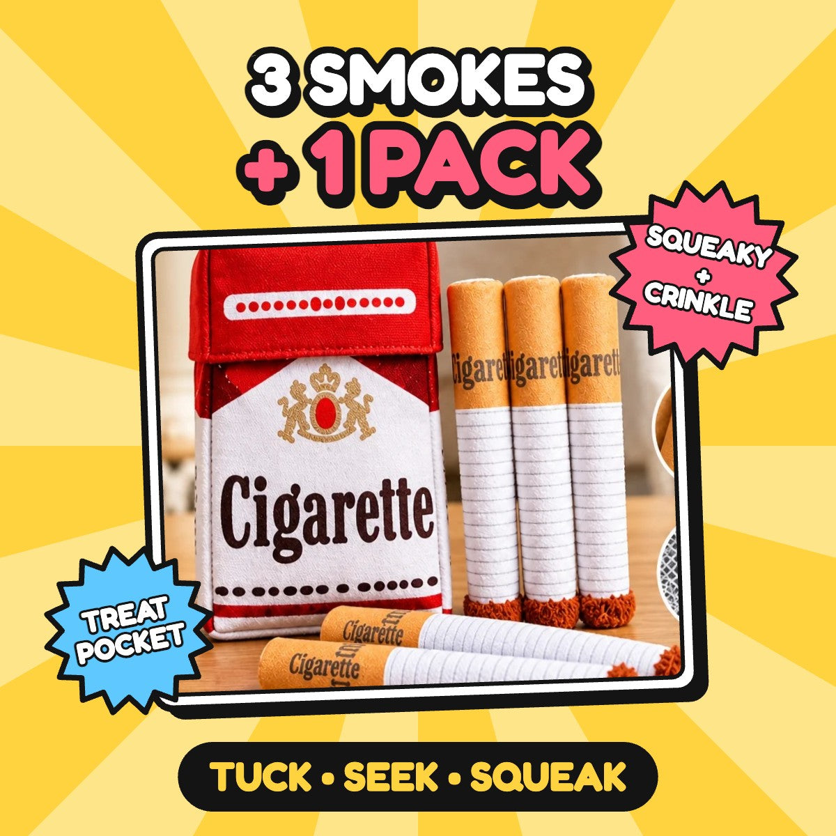 Cigarette pack plush with 3 squeaky smokes