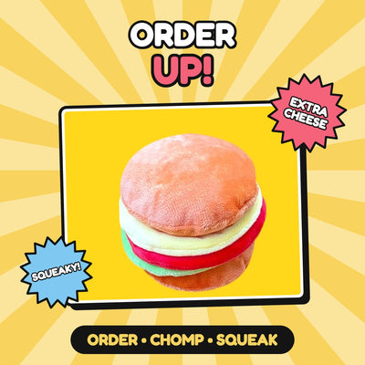 The Takeaway Cheeseburger plush squeaky dog toy